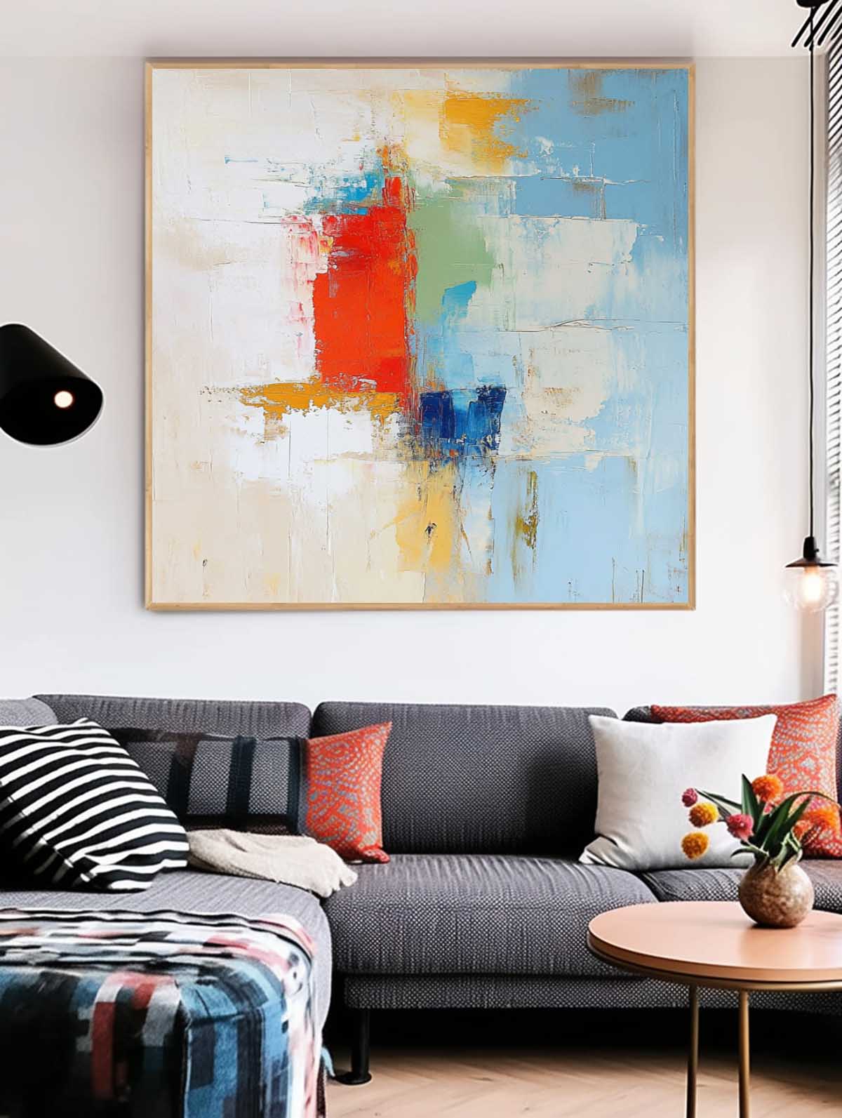 Soft Abstract Color Block Oil Painting Red Blue