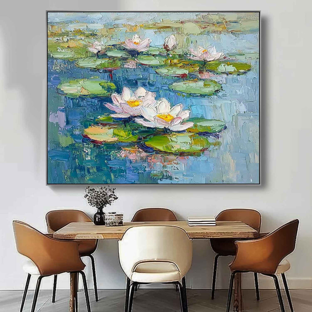 Impasto Water Lily Painting Serene Blue & Green