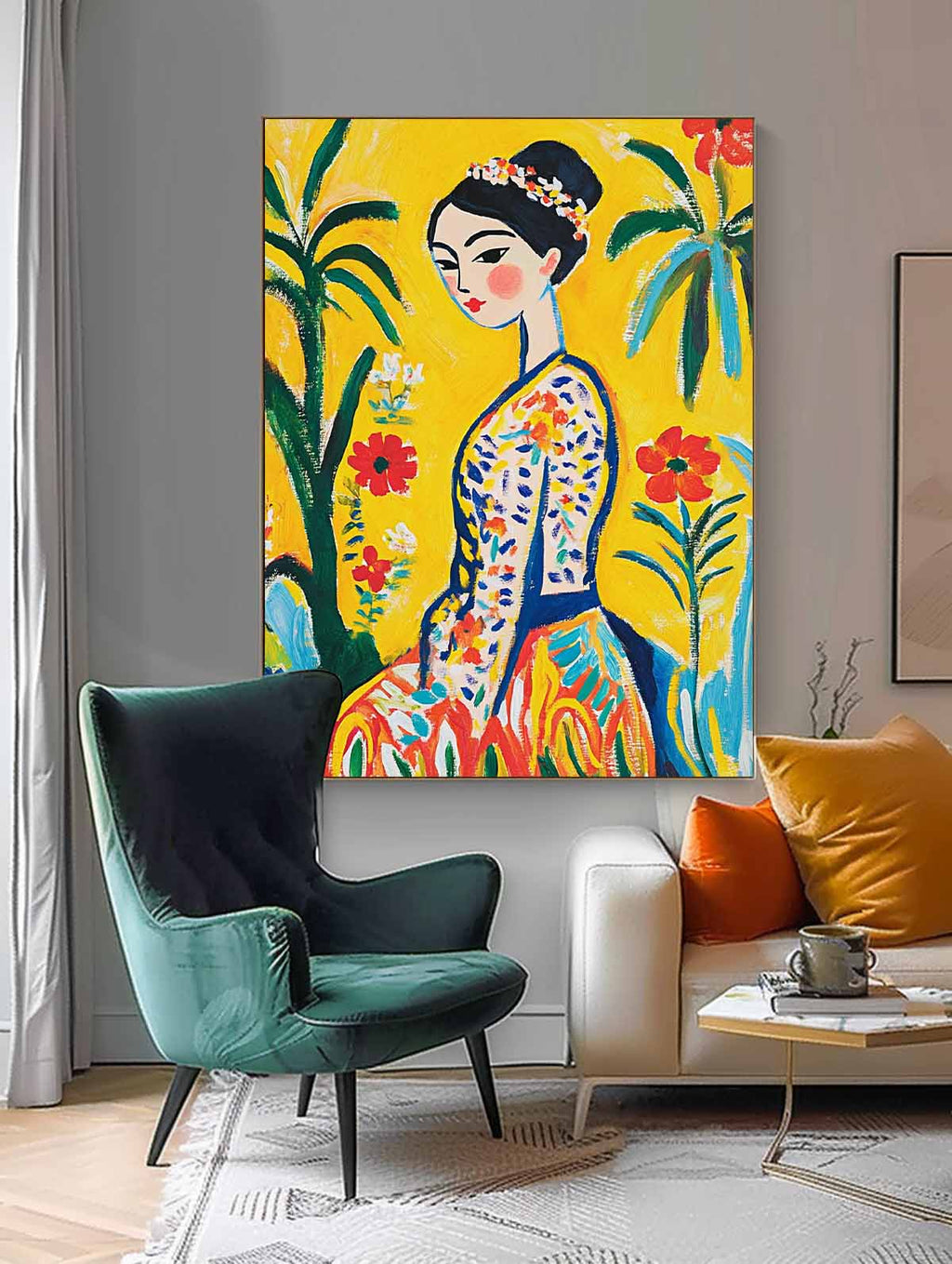 Fauvist Portrait Painting Vibrant Yellow Floral Wall Art