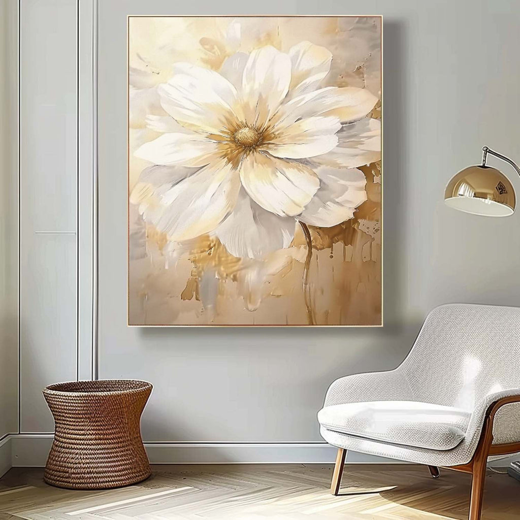 Luxury Neutral Floral Oil Painting Gold Accent