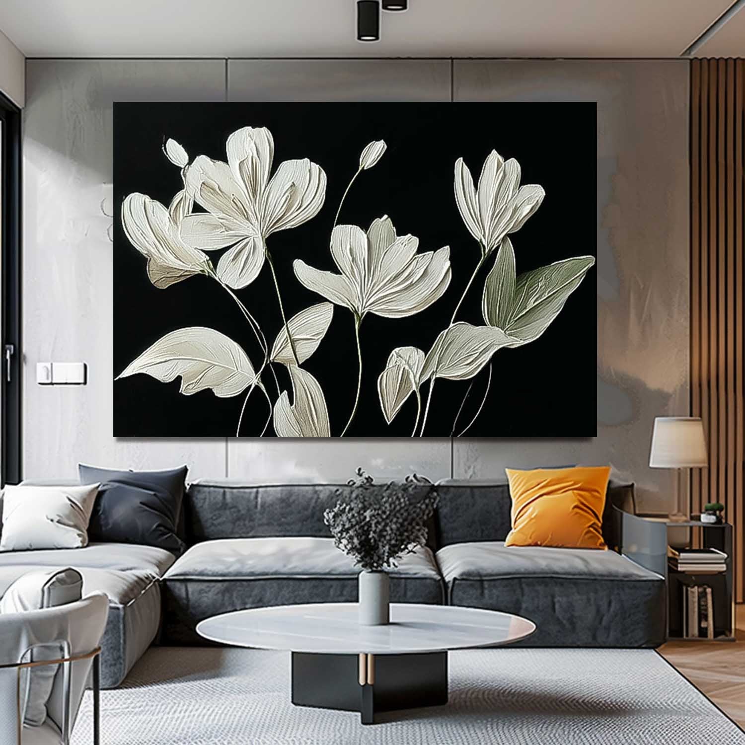 Contrast Floral Impasto Oil Painting White On Black