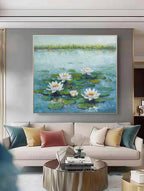 Impasto Water Lily Painting Serene Blue Green Wall Art