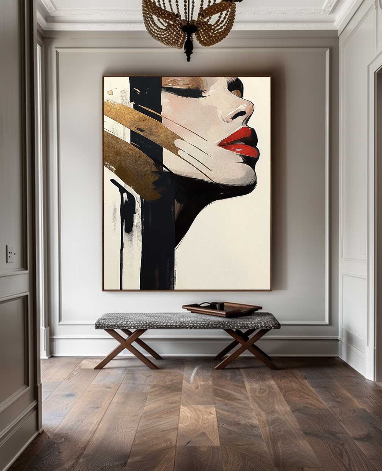 Minimalist Golden Accent Woman Portrait Oil Painting