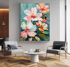 Pastel Floral Bouquet Oil Painting Teal Background