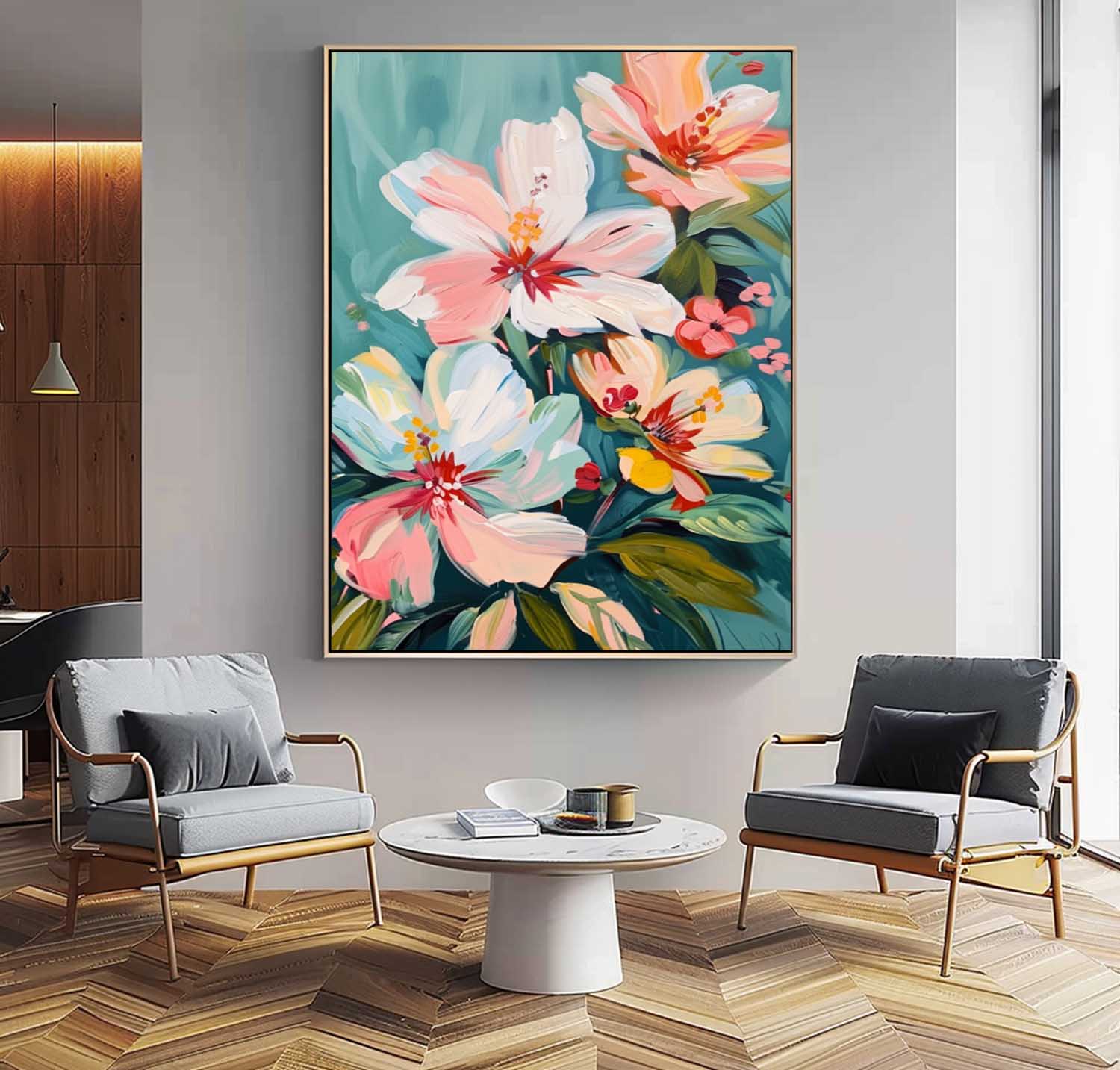 Pastel Floral Bouquet Oil Painting Teal Background