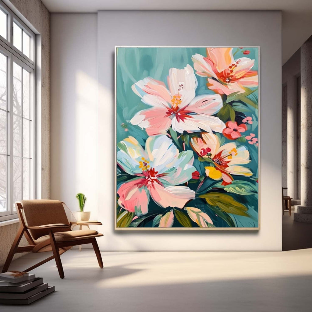 Pastel Floral Bouquet Oil Painting Teal Background