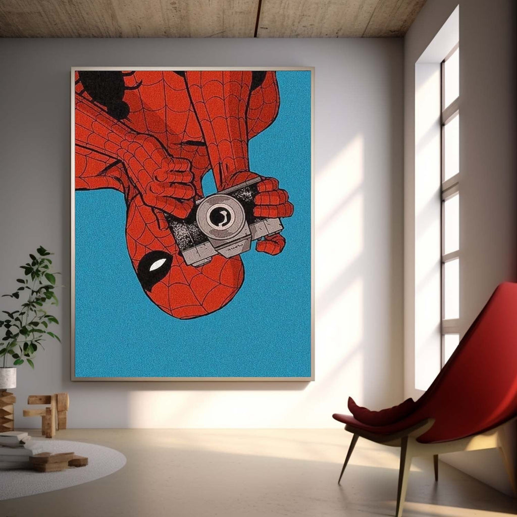 Spiderman Upside Down With Camera Retro Comic