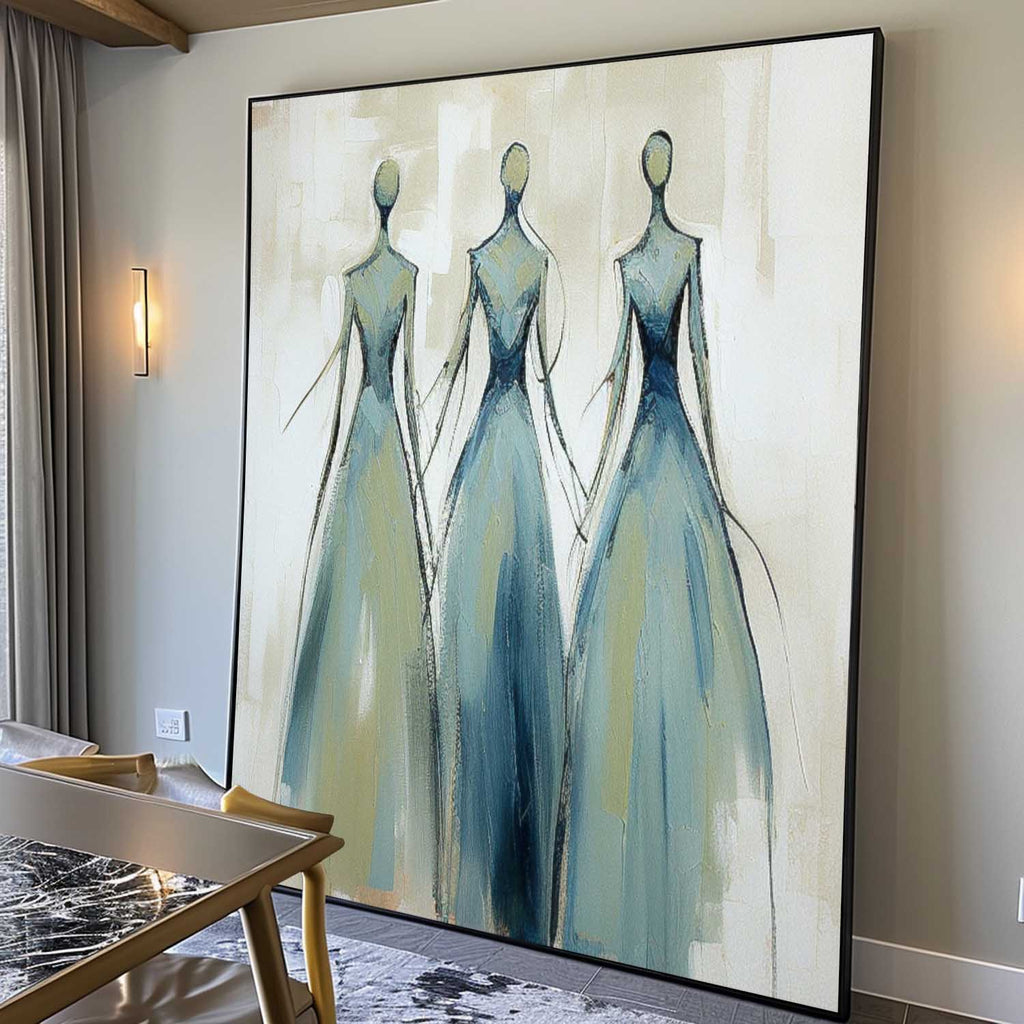 Three Elegant Figures In Blue Gowns Feminine