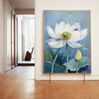 Serene White Lotus Oil Painting With Bee Accent