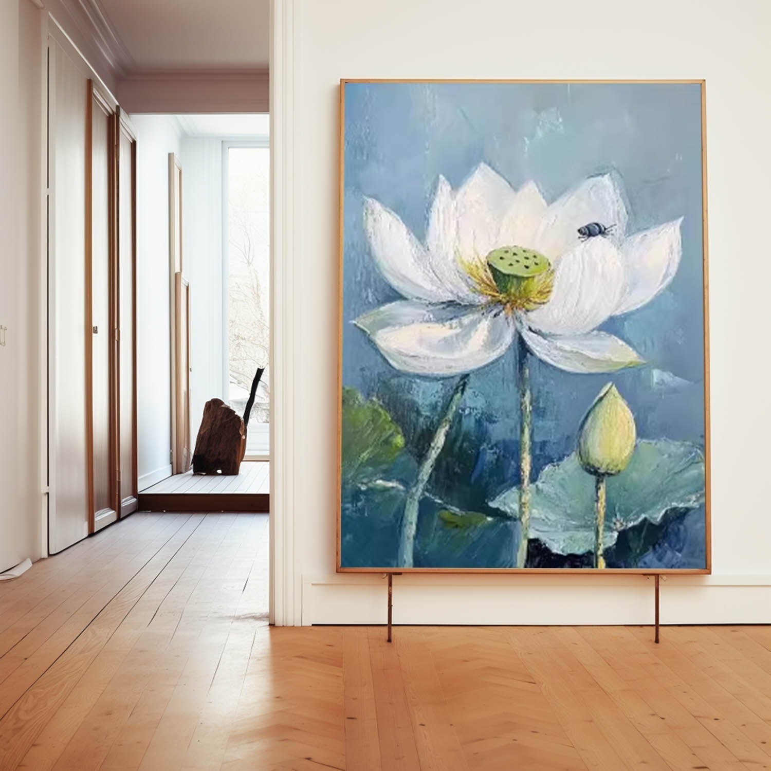 Serene White Lotus Oil Painting With Bee Accent