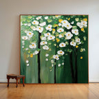Textured Floral Tree Oil Painting White Flowers Green