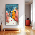 Cozy European Winter Town Painting Festive