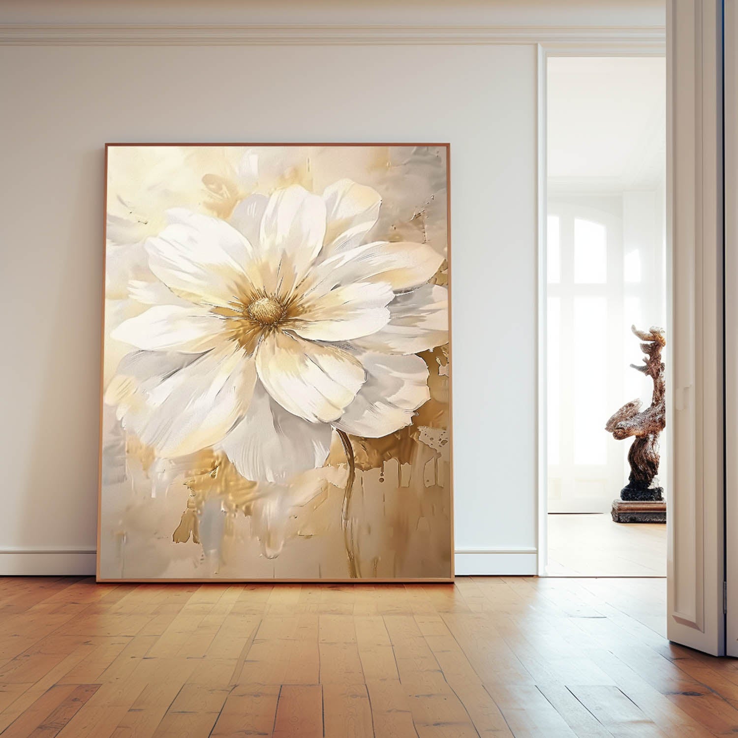Luxury Neutral Floral Oil Painting Gold Accent