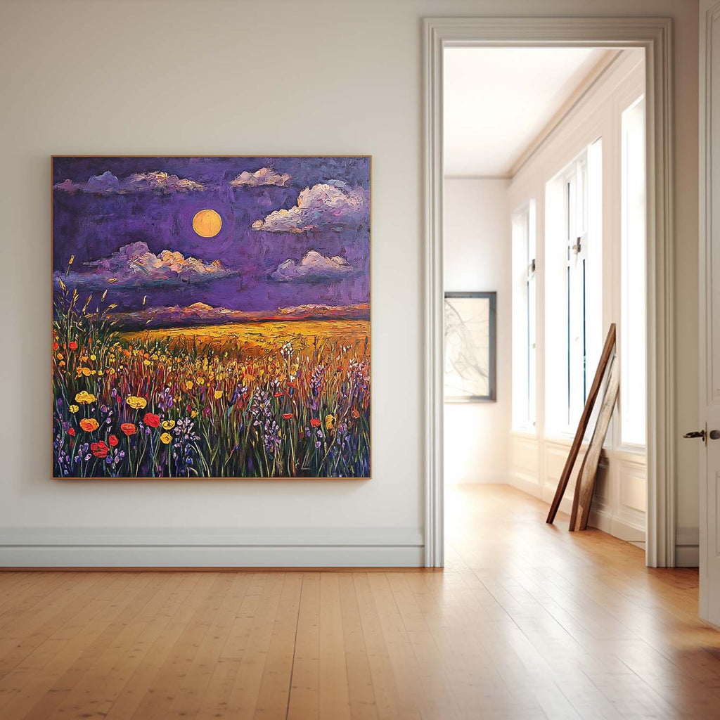 Moonlit Wildflower Field Under Purple Sky Impressionist