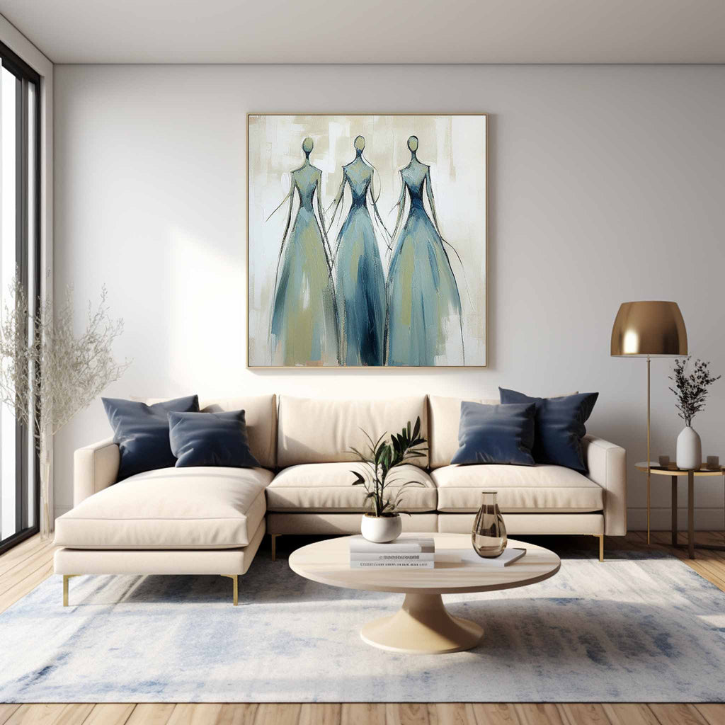Three Elegant Figures In Blue Gowns Feminine