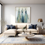 Three Elegant Figures In Blue Gowns Feminine