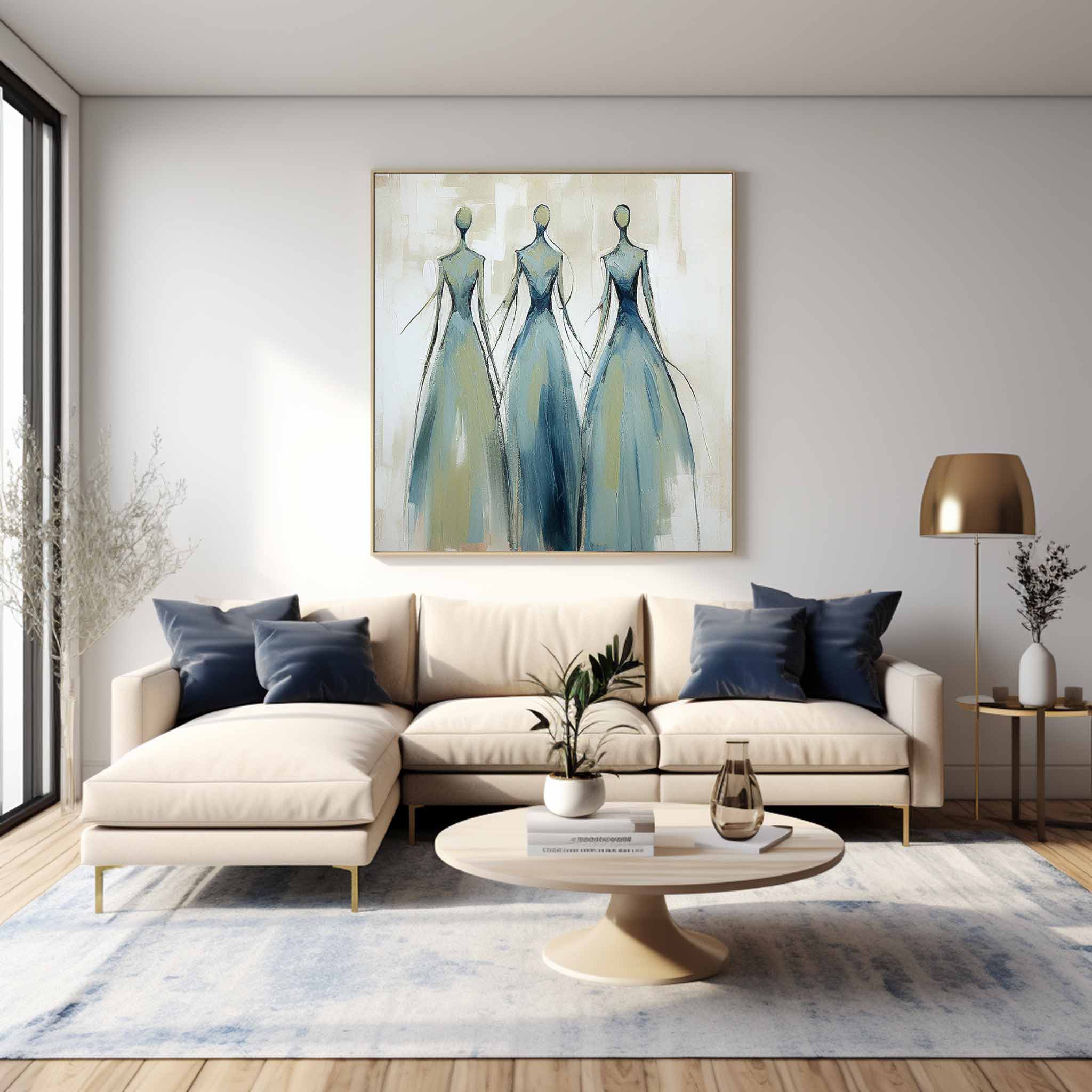 Three Elegant Figures In Blue Gowns Feminine