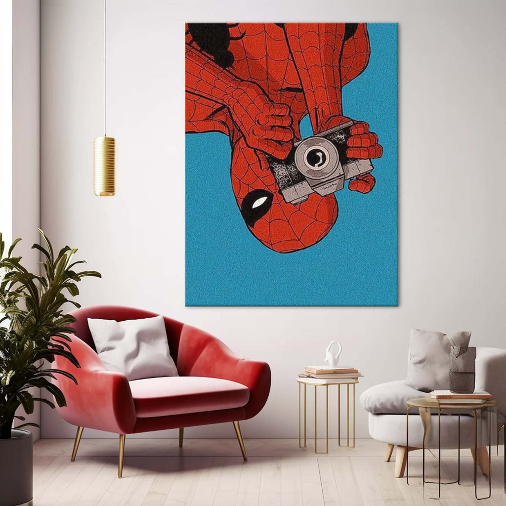 Spiderman Upside Down With Camera Retro Comic