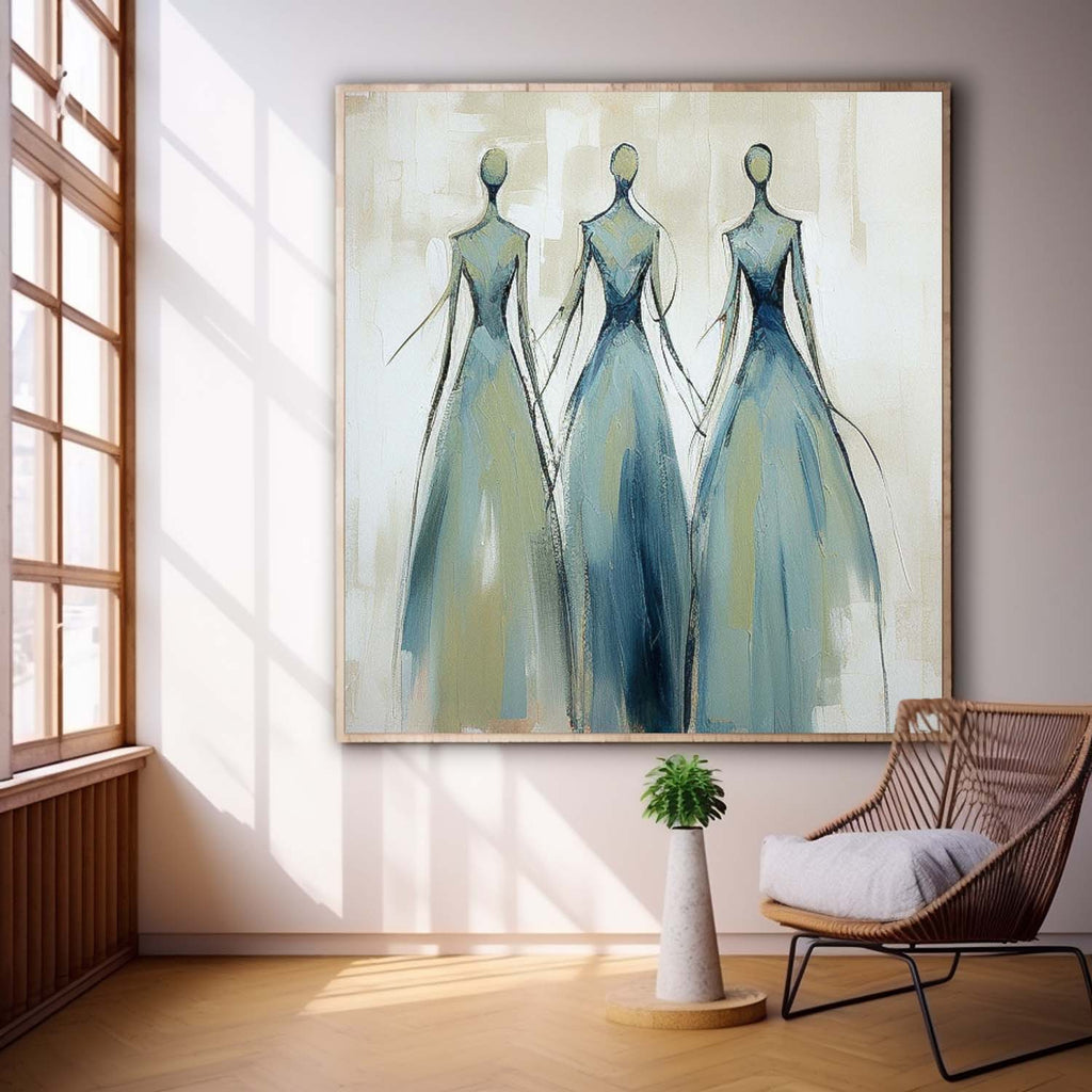 Three Elegant Figures In Blue Gowns Feminine
