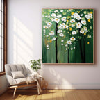 Textured Floral Tree Oil Painting White Flowers Green