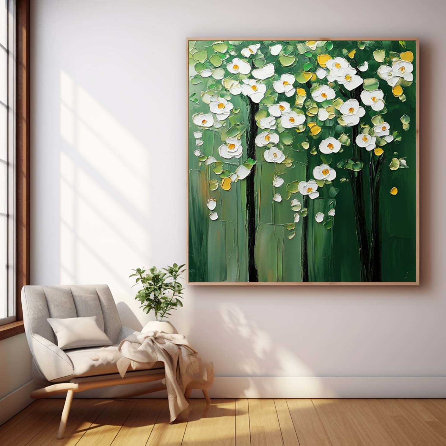 Textured Floral Tree Oil Painting White Flowers Green