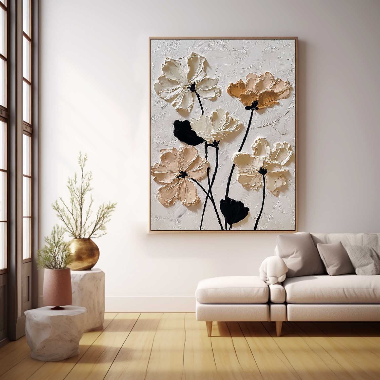 Neutral Impasto Floral Oil Painting 3D Texture