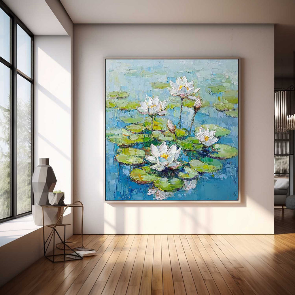 Impasto Water Lily Painting Serene Blue & Green