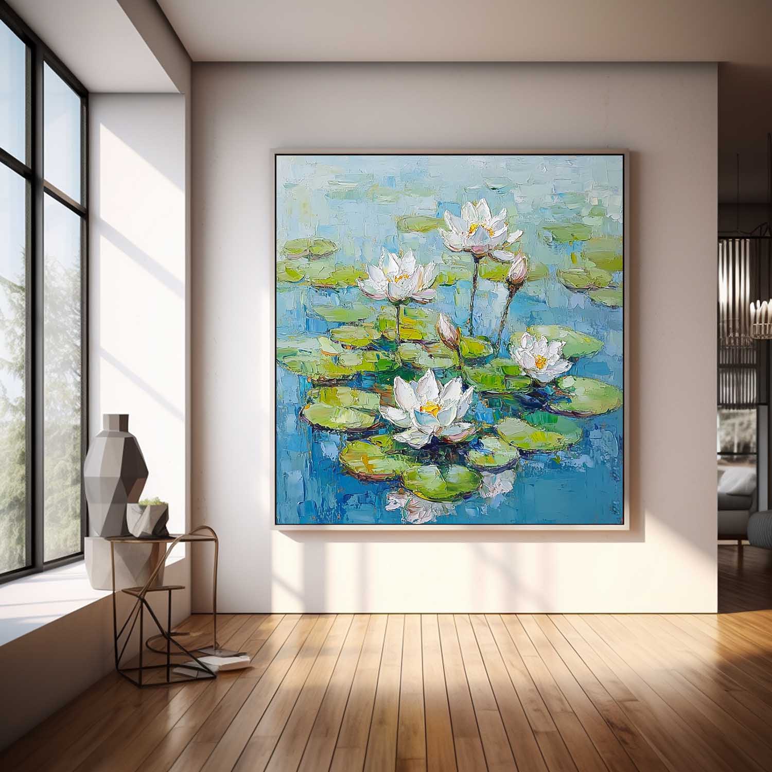 Impasto Water Lily Painting Serene Blue & Green