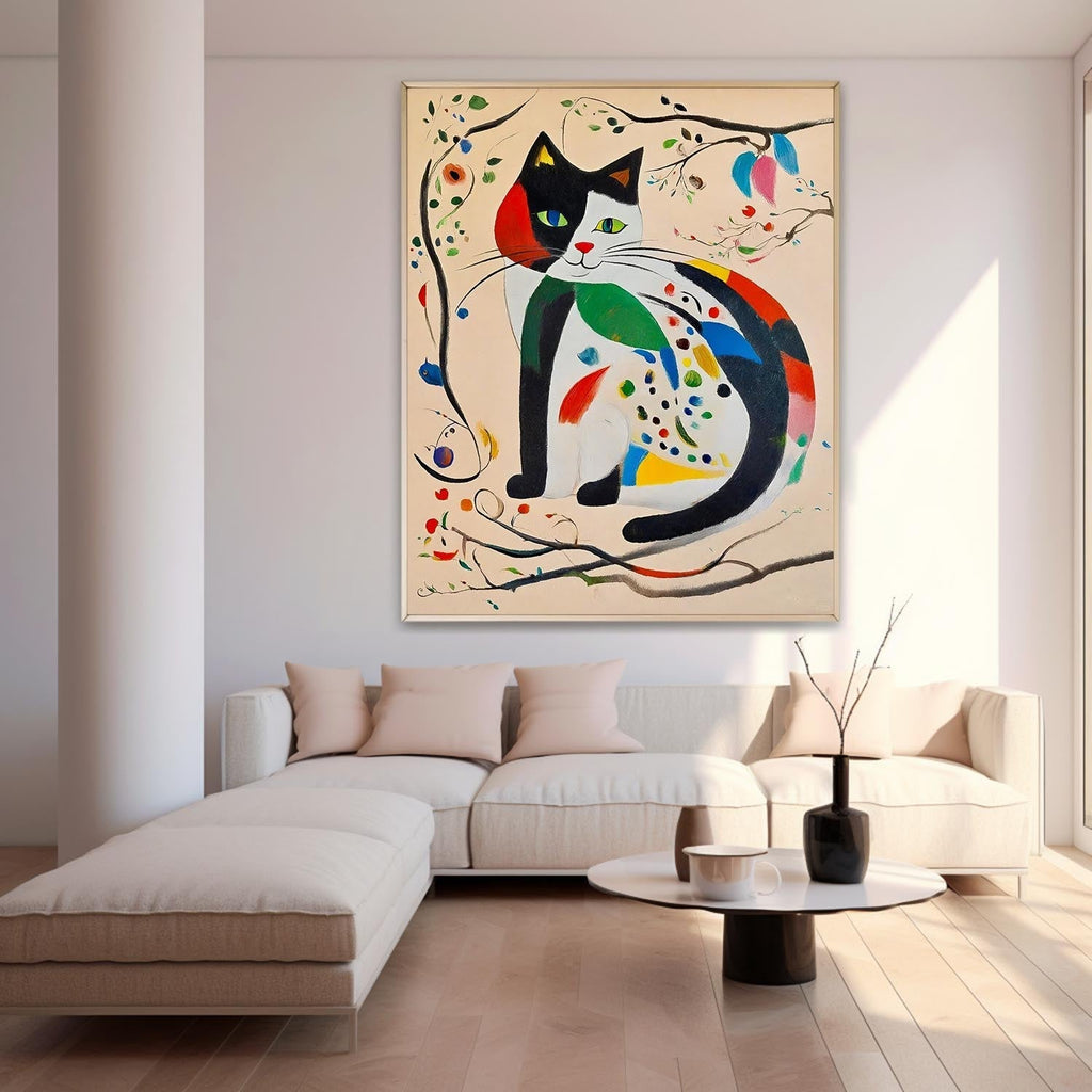 Surrealist Cat Painting Vibrant Patchwork