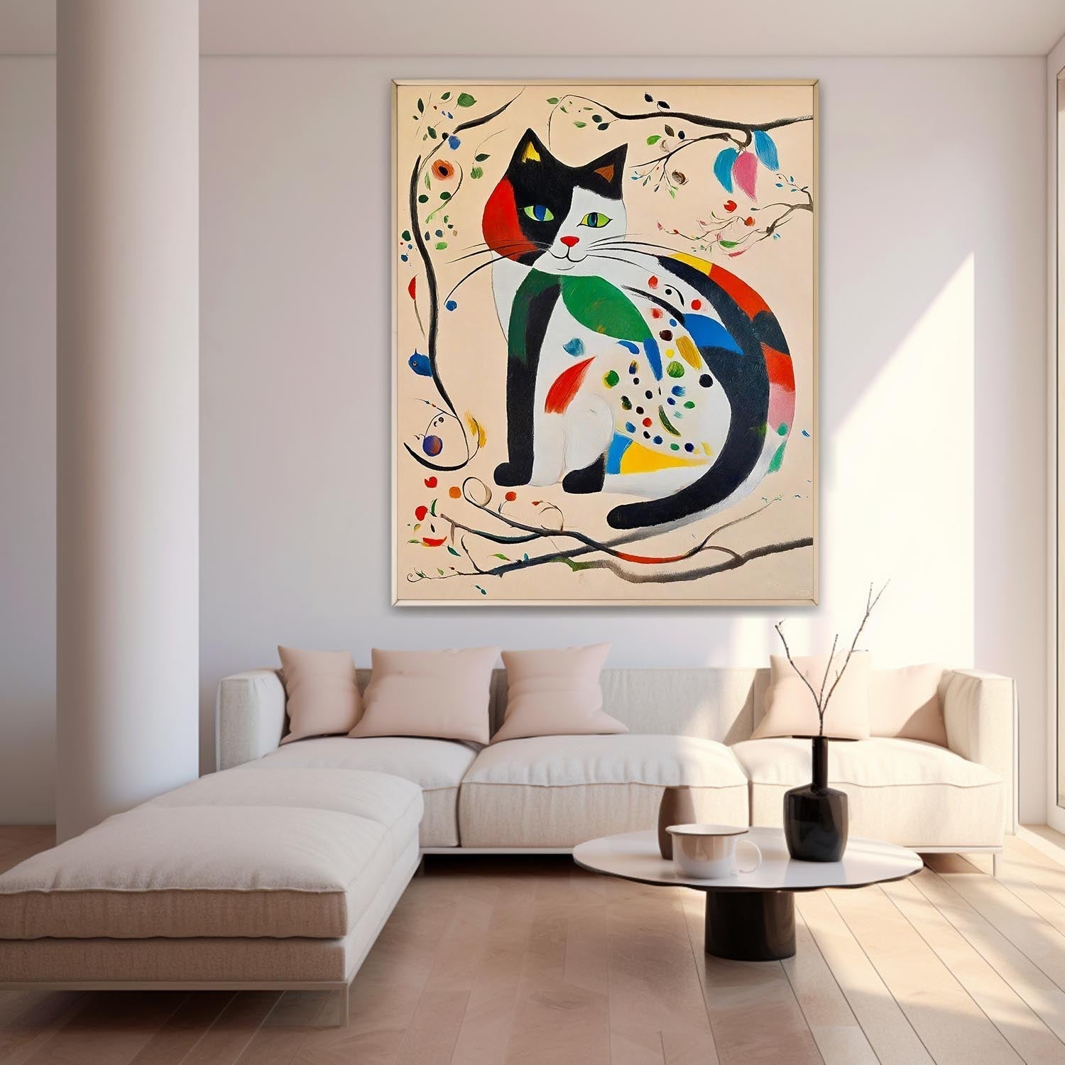 Surrealist Cat Painting Vibrant Patchwork