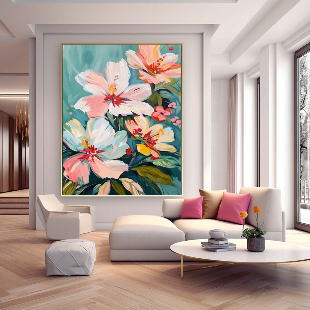 Pastel Floral Bouquet Oil Painting Teal Background