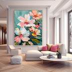 Pastel Floral Bouquet Oil Painting Teal Background