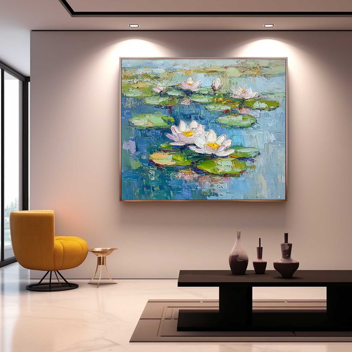 Impasto Water Lily Painting Serene Blue & Green