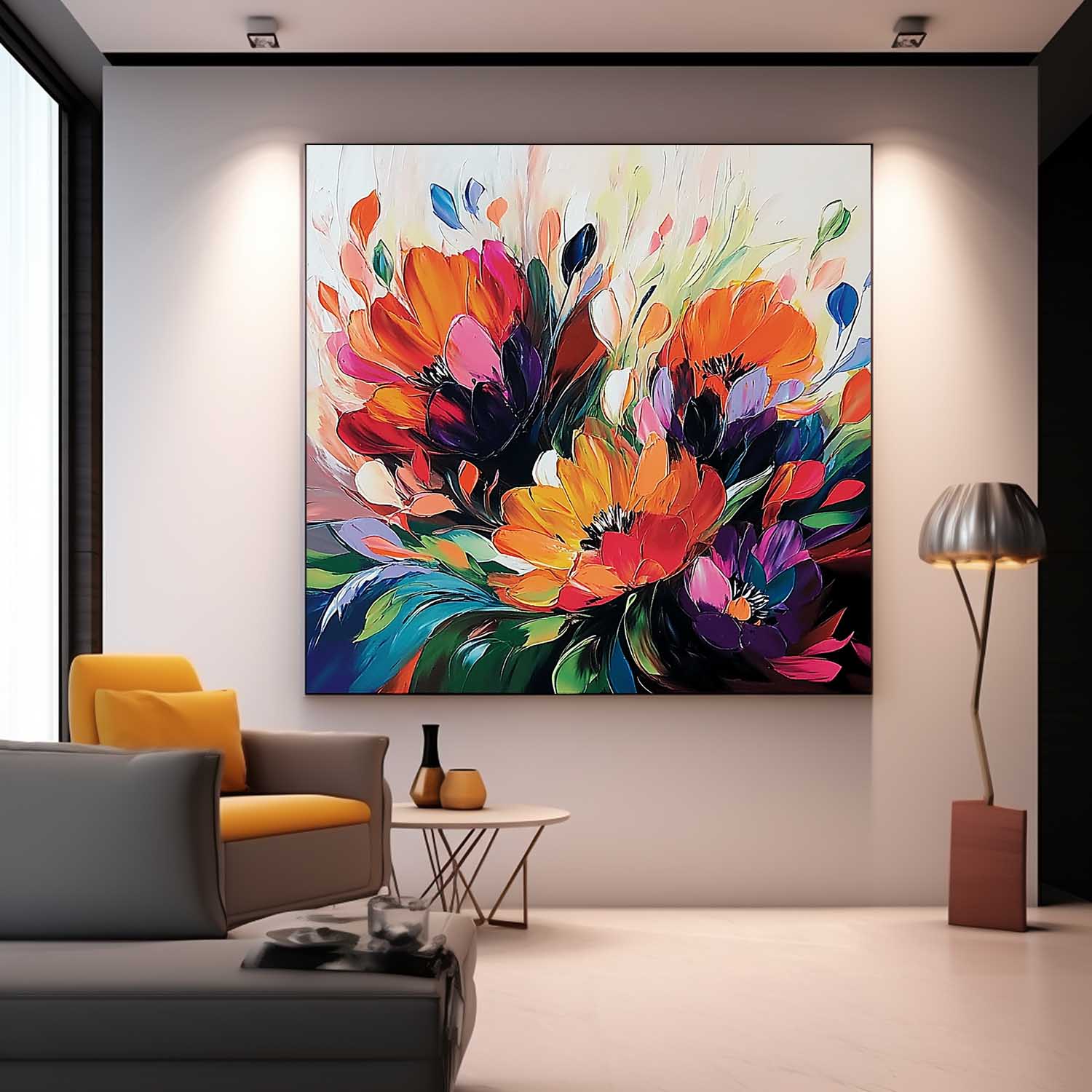 Floral Bouquet Oil Painting Fiery Orange And Purple
