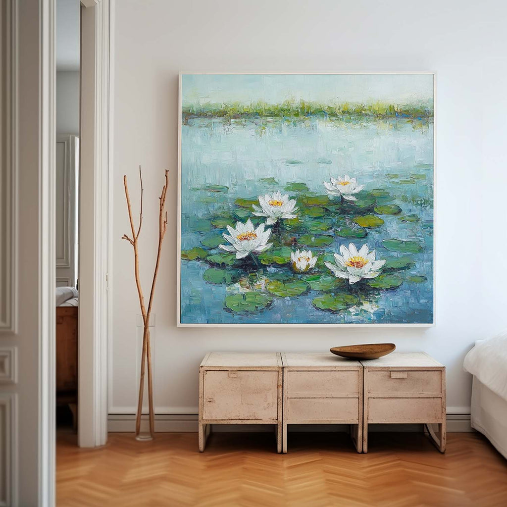 Impasto Water Lily Painting Serene Blue Green Wall Art