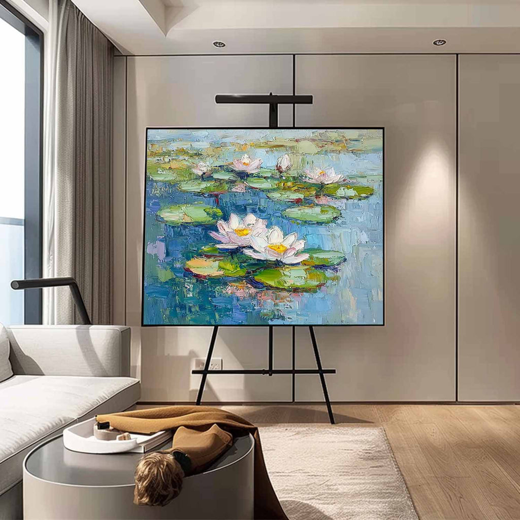 Impasto Water Lily Painting Serene Blue & Green