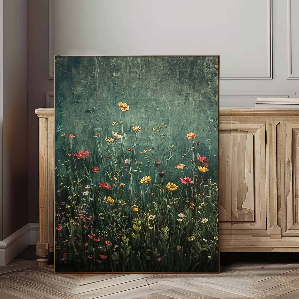Vintage Wildflower Meadow Textured Oil Painting