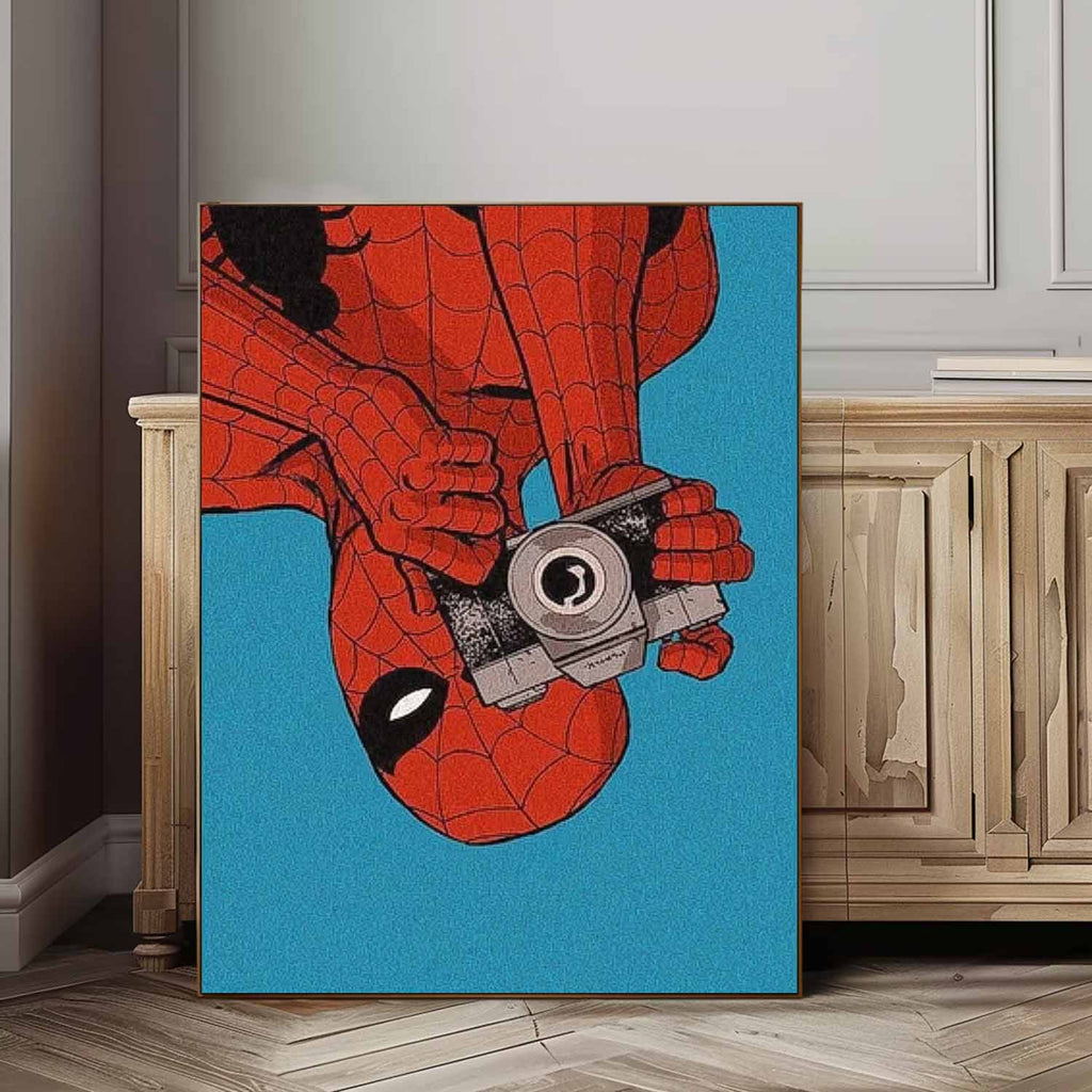 Spiderman Upside Down With Camera Retro Comic