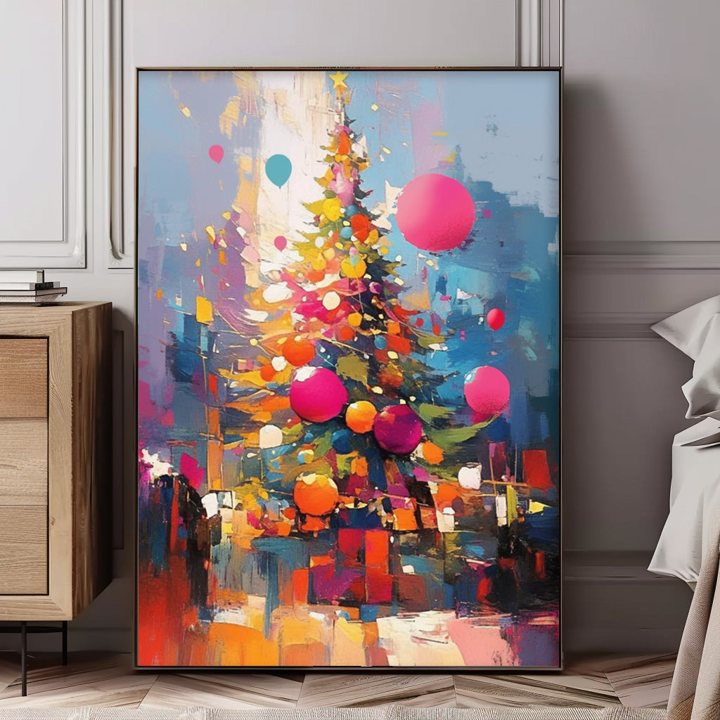 Colorful Christmas Tree Painting Festive Wall Art