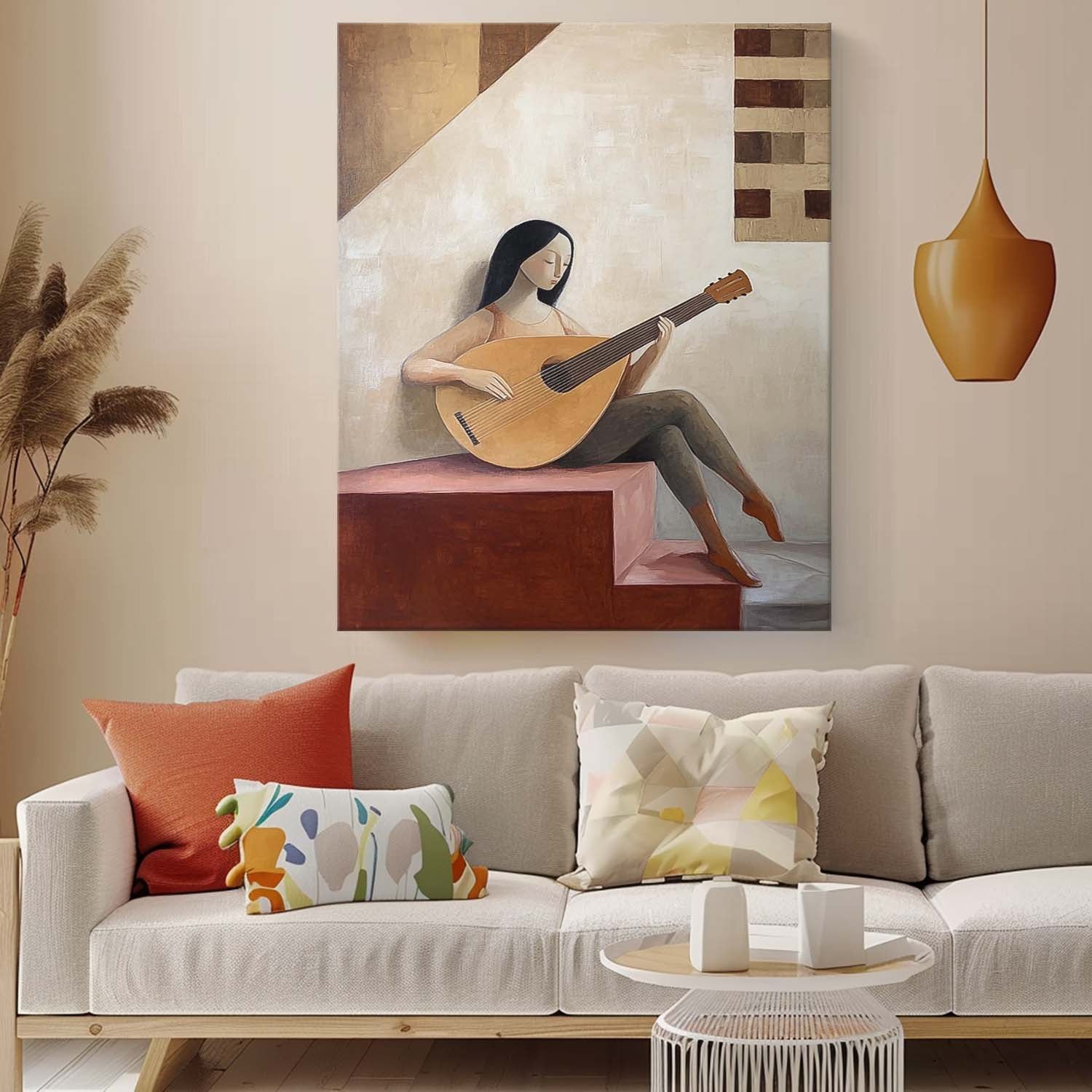 Minimalist Woman Playing Lute Serene