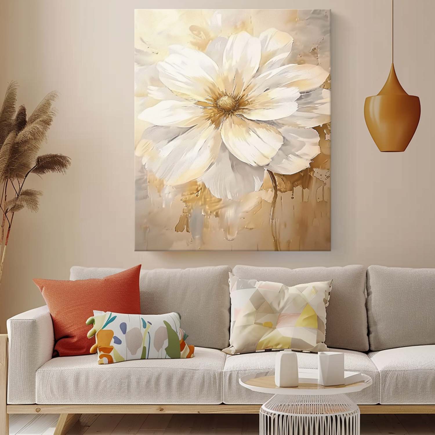 Luxury Neutral Floral Oil Painting Gold Accent