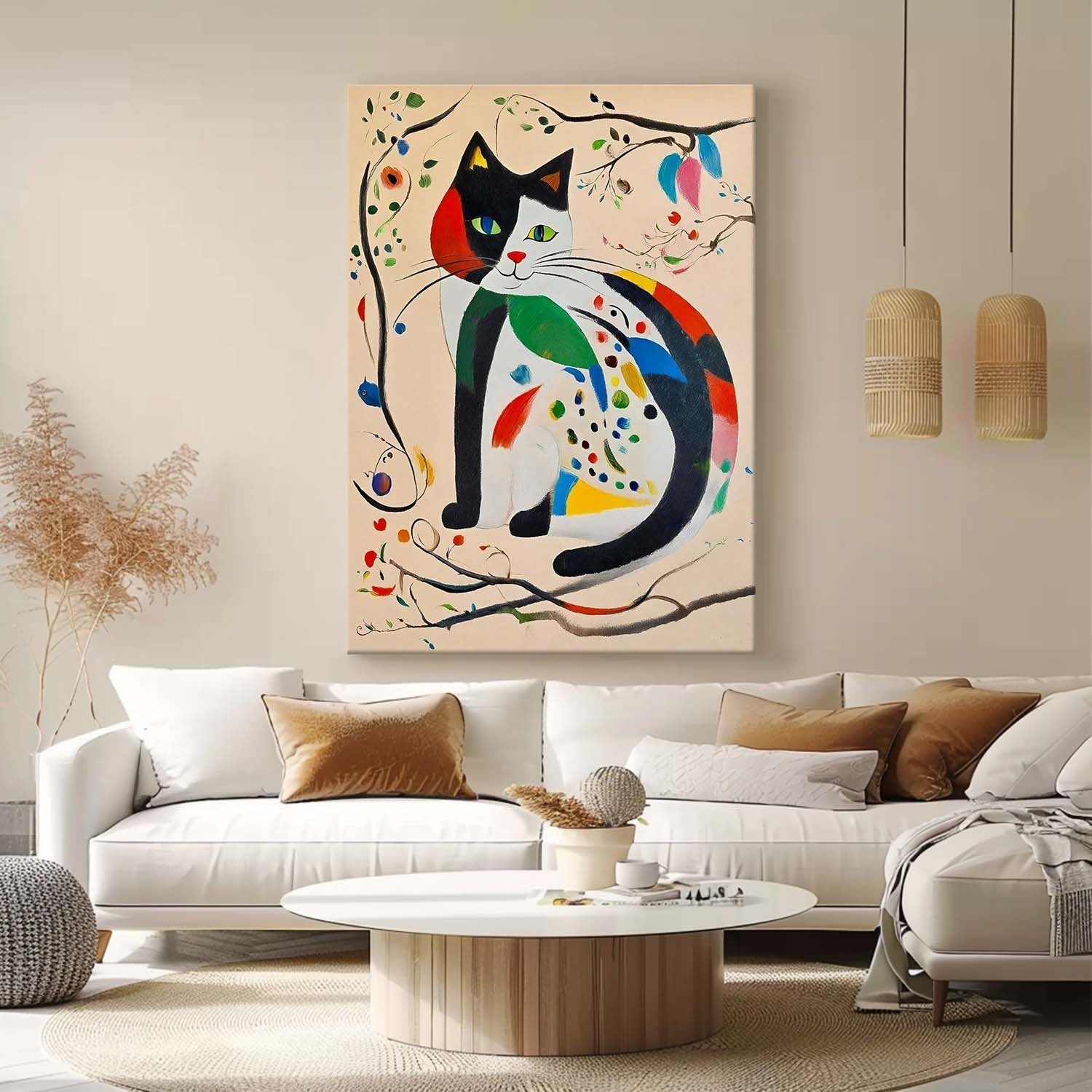 Surrealist Cat Painting Vibrant Patchwork