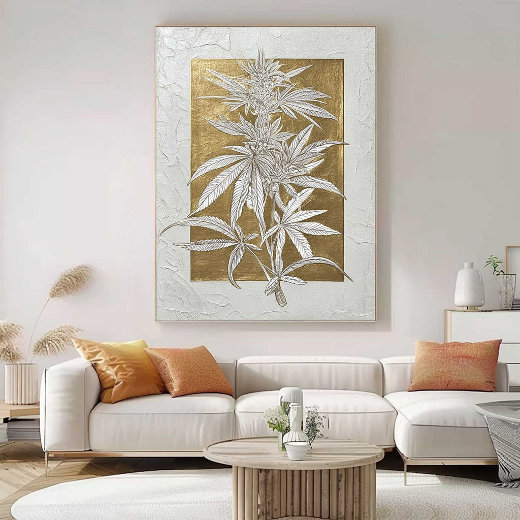 Gold Foil Cannabis Leaf Art Botanical Line Drawing