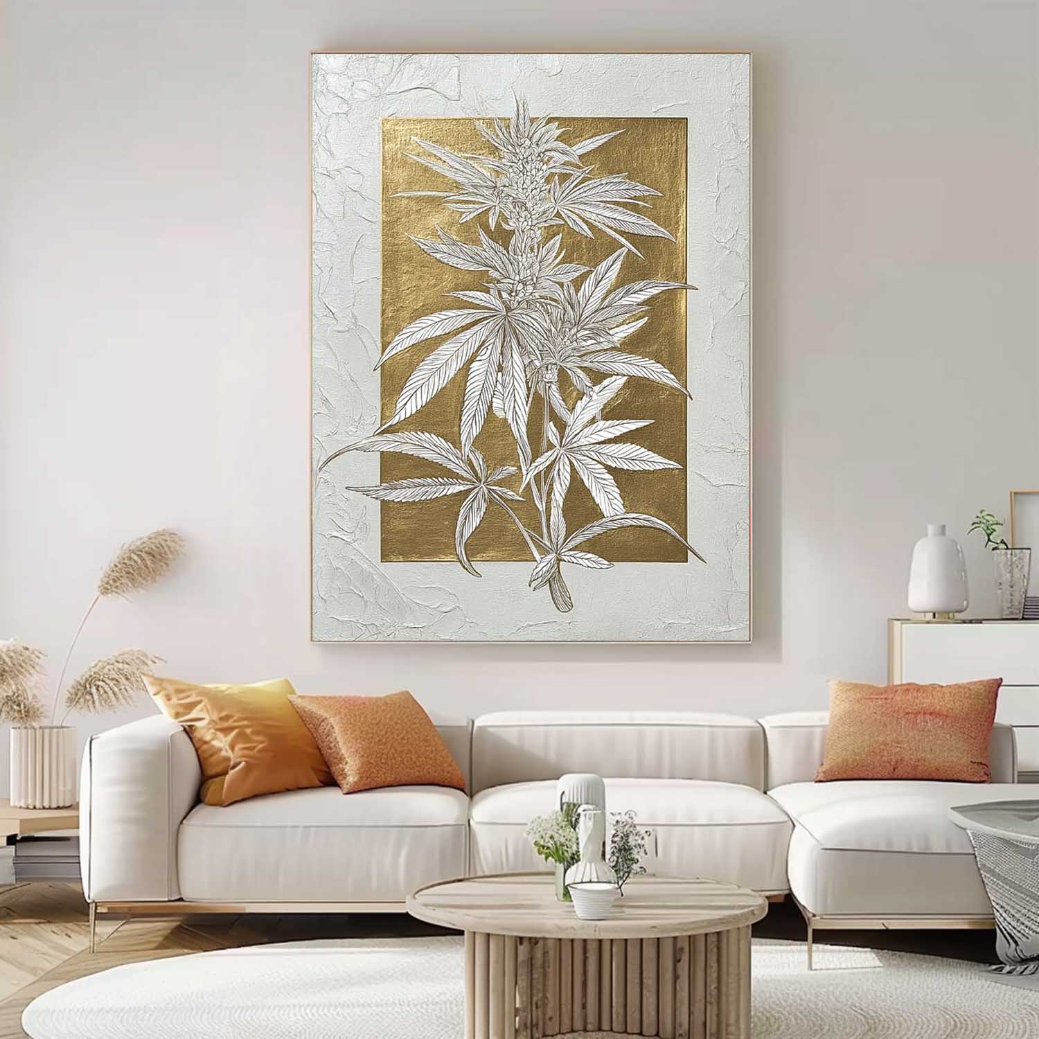 Gold Foil Cannabis Leaf Art Botanical Line Drawing