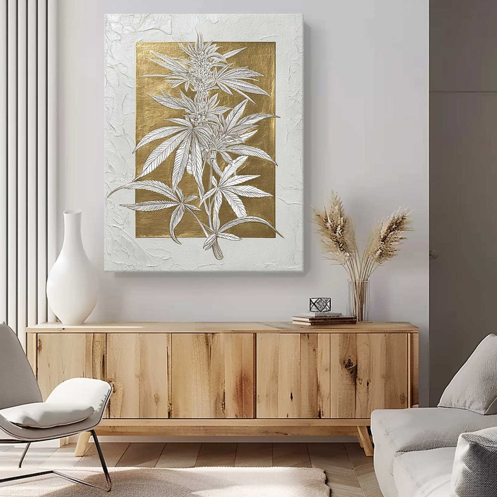Gold Foil Cannabis Leaf Art Botanical Line Drawing