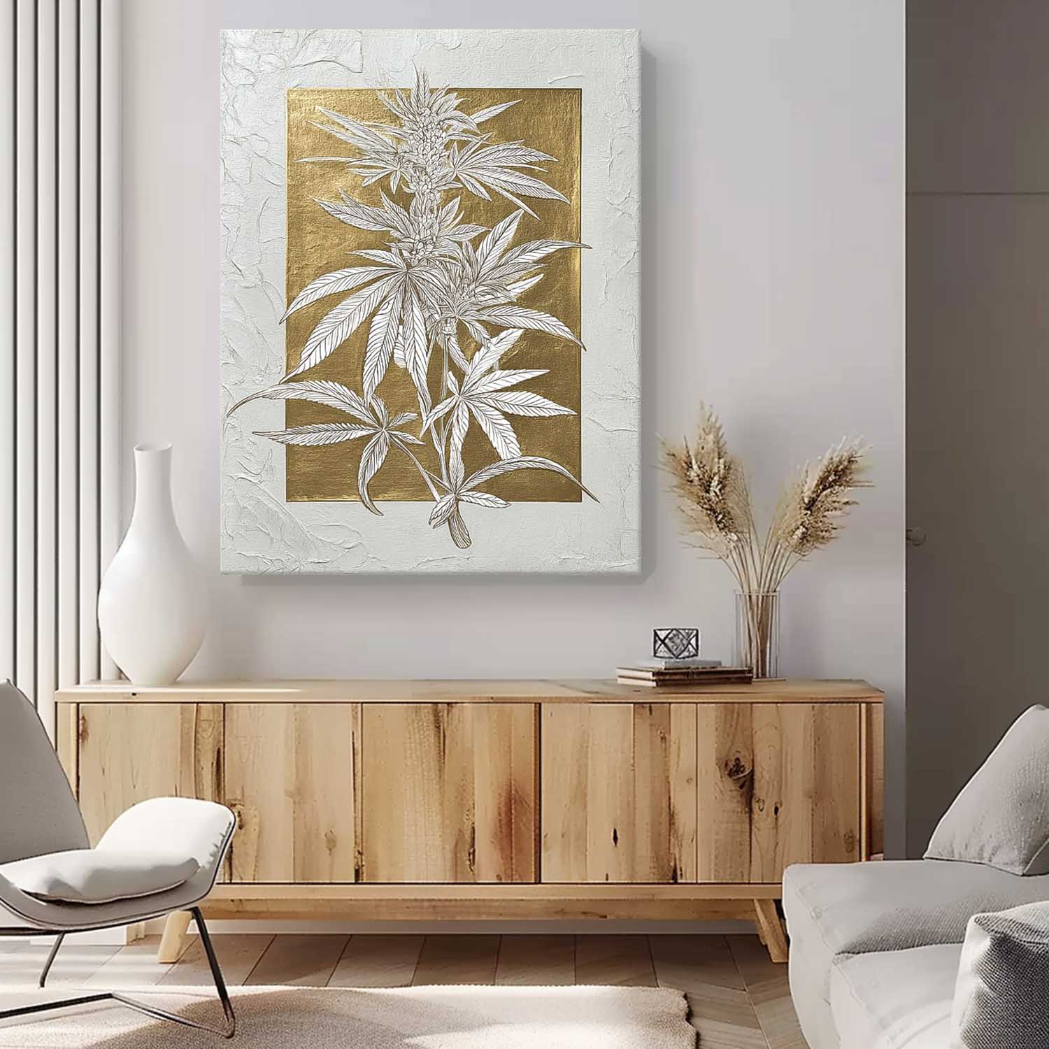 Gold Foil Cannabis Leaf Art Botanical Line Drawing