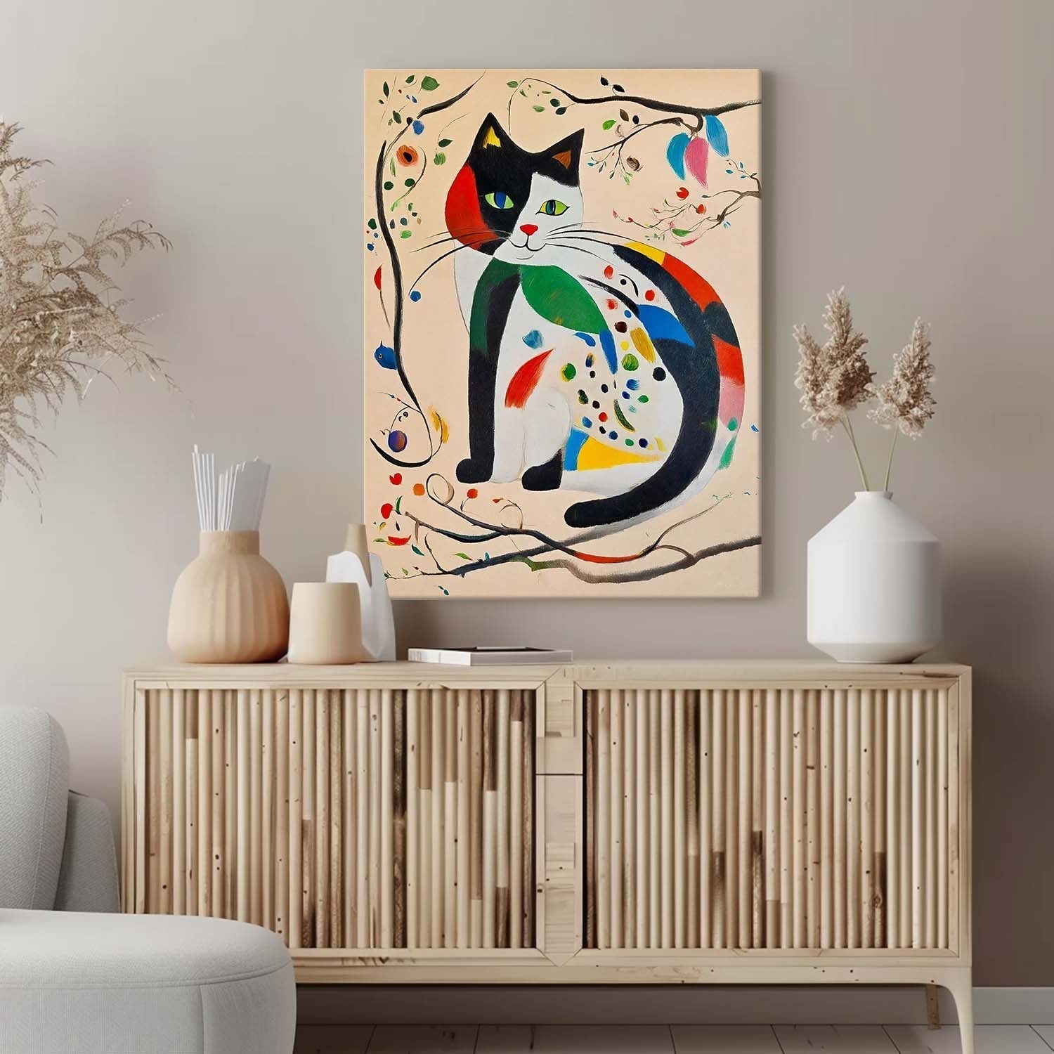 Surrealist Cat Painting Vibrant Patchwork