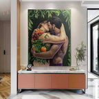 Romantic Couple Embrace Fruits Foliage Oil Painting