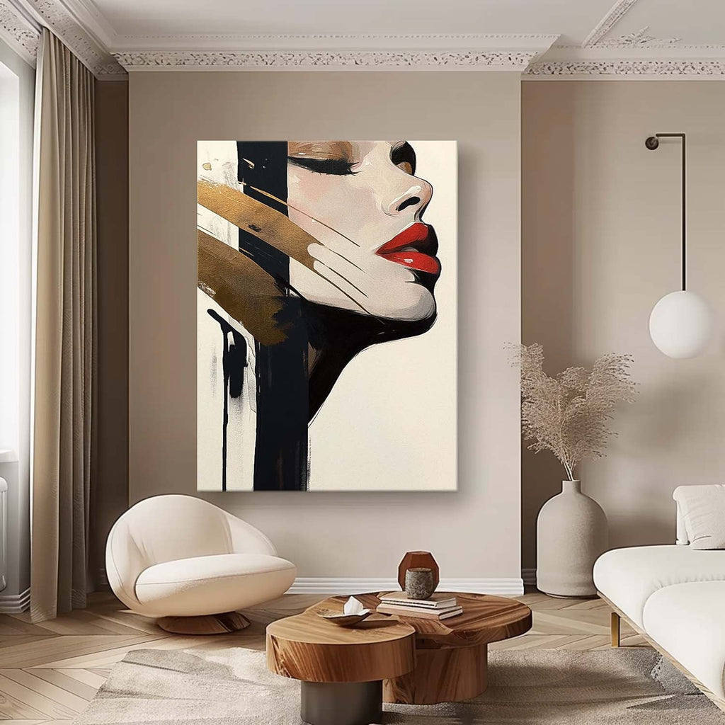Minimalist Golden Accent Woman Portrait Oil Painting