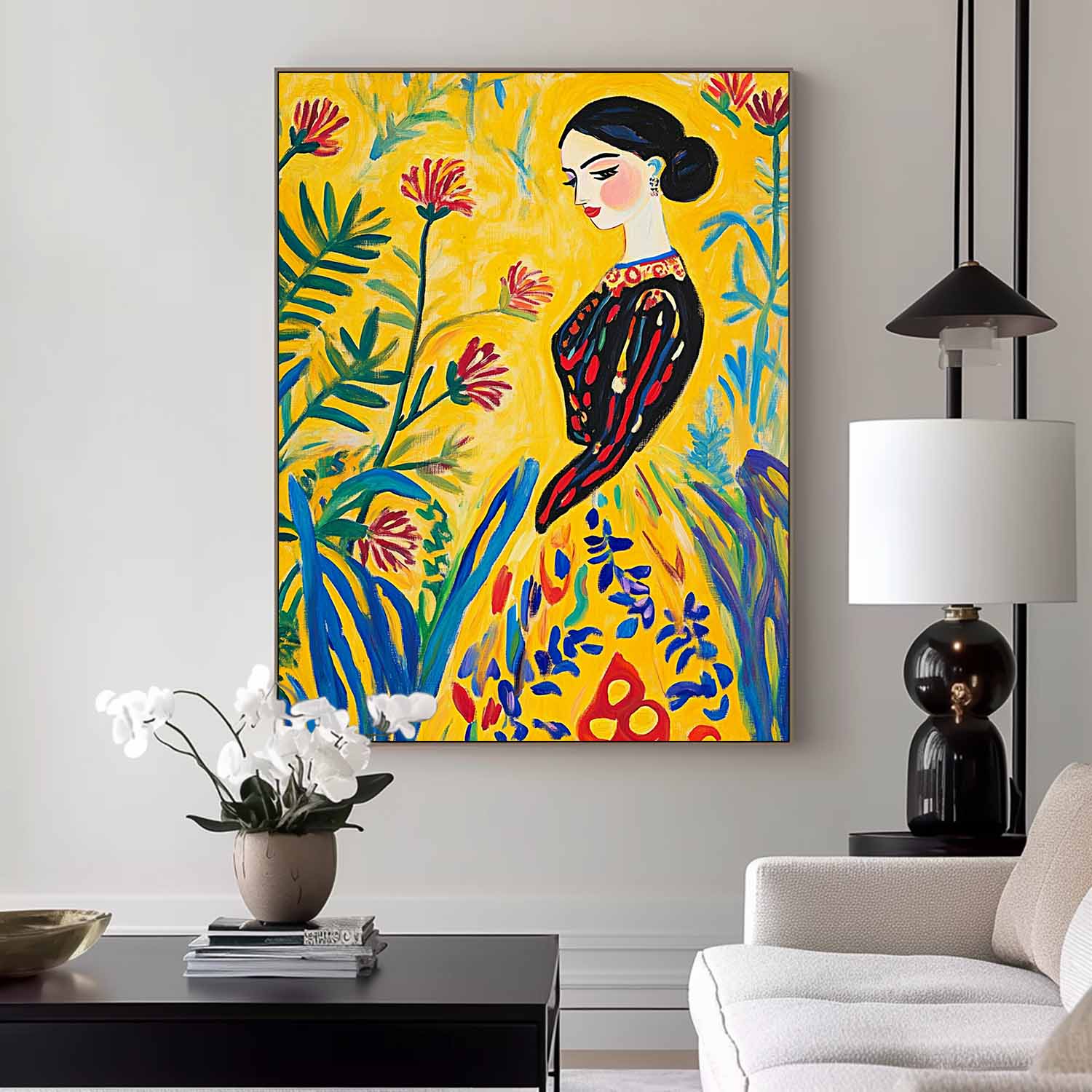 Fauvist Portrait Painting Vibrant Yellow Floral